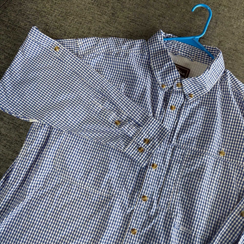 Drake Waterfowl Gingham Fishing Shirt XL Blue White Vented Back DW2671